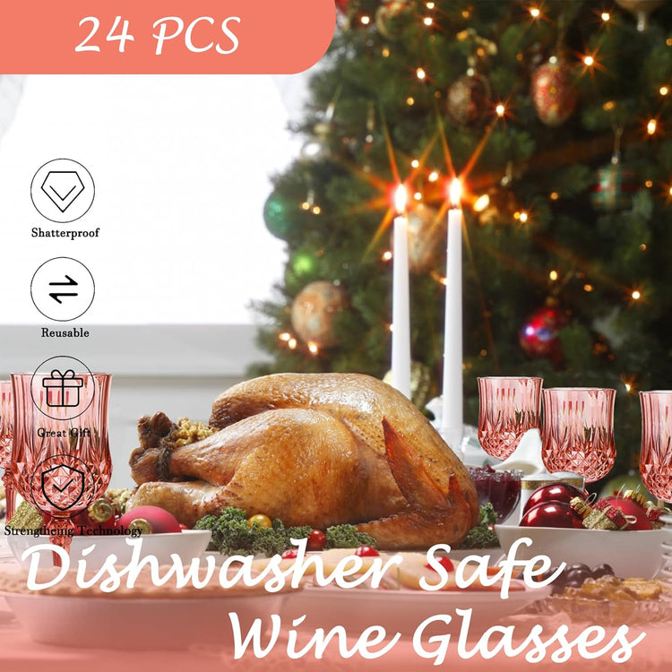 Plastic Wine Glasses,Plastic Goblets Vintage Style Cordial Drinking Glasses for Wedding Reception, Grand Event Party Supplies (24, Rose Gold)