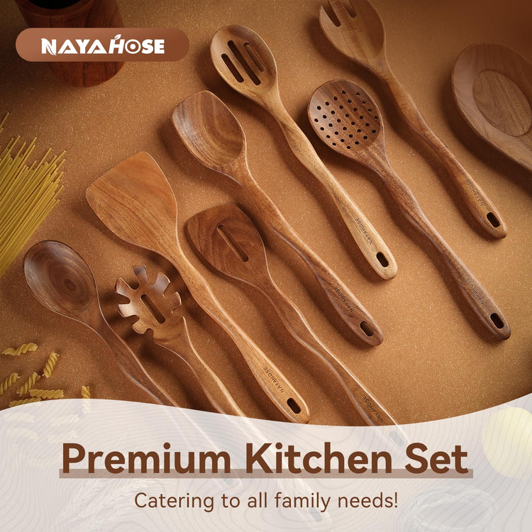 Kitchen 10PCS Teak Wooden Utensils Set With Holder and Spoon Rest (10 Count)