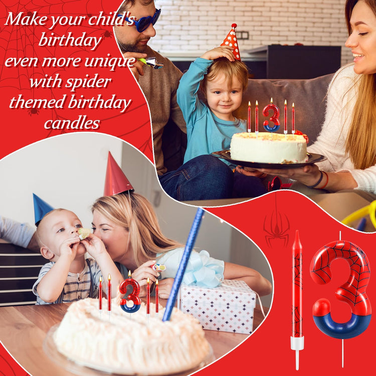 13 Pcs Spider Themed Birthday Candle Set Red Spider Theme Number 3 Candle Cake Topper for Boys Girls Birthday Decoration Spider Party Decoration Supplies (13 Count)