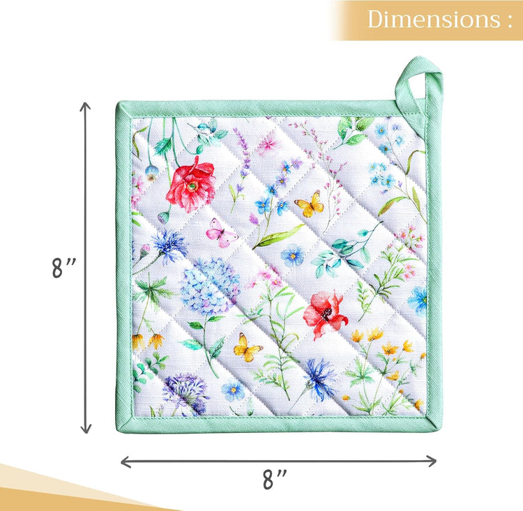 Maison d' Hermine Pot Holders 100% Cotton Heat Resistant Potholders 8" x 8" Hot Pads with Loop BBQ, Cooking, Baking, Grilling, Kitchen, Handling Hot Pans Spring/Summer (Pack of 1, Just Floral)