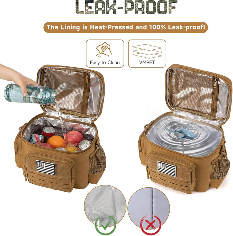 QT&QY Tactical Lunch Bag for mens Military heavy duty lunch box work Leakproof insulated Durable Thermal Cooler Bag for Adult Meal for Office Camping Picnic Pail MOLLE Webbing Khaki