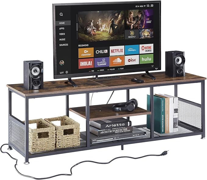 VECELO TV Stand with Power Outlets for Televisions up to 65Inch, 55" Media Entertainment Center with Charging Station 3-Tier Open Storage Shelves with Metal Frame for Living Room/Bedroom,Brown