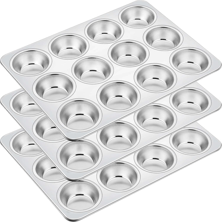 Homikit 3 Pack Muffin Pan, Stainless Steel Cupcake Tin with 12 Cups Regular Size, 13.8" x 10.4" Nonstick Metal Egg Bites Tray for Oven Baking, Non Toxic & Rust Free, Easy Release & Dishwasher Safe