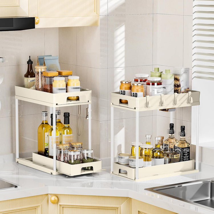 Delamu Under Sink Organizers and Storage, 2 Pack Pull Out Kitchen Bathroom Cabinet Organizer, 2 Tier Beige Under Sink Storage for Bathroom Kitchen