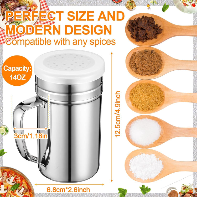 Lallisa 4 Pcs Stainless Steel Salt and Pepper Shakers with Lid and Handle Dredge Spice Seasoning Condiment Popcorn Salt Shaker Powder Sugar Flour for Cooking Kitchen Baking (14oz)