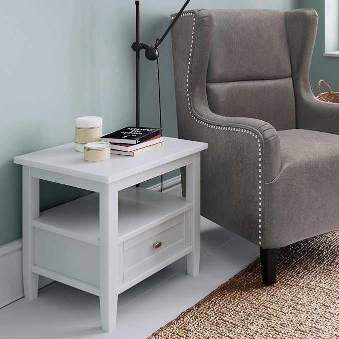 SIMPLIHOME Warm Shaker End Table - 20 inch Wide Solid Wood Side Table in White, Transitional Accent Table for Living Room or Bedroom with Drawer, Open Shelf and Square Tapered Legs