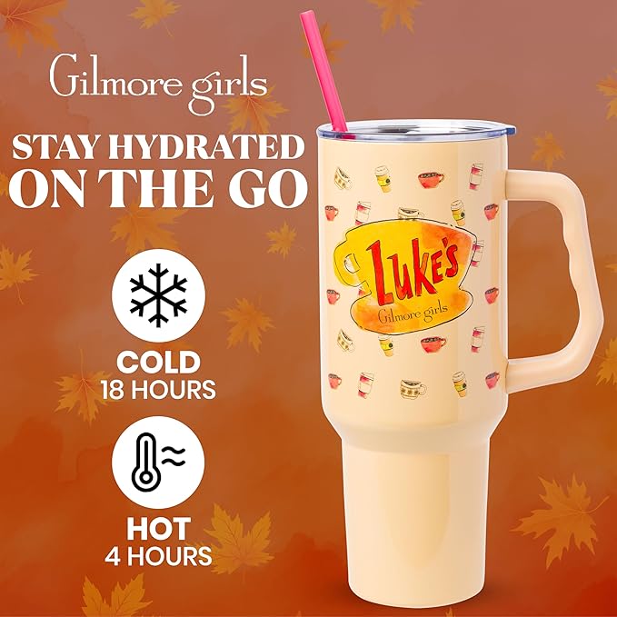 Silver Buffalo Gilmore Girls Luke's Diner Double Walled Stainless Steel Tumbler with Handle and Straw, Fits in Standard Cup Holder, 40 Ounces