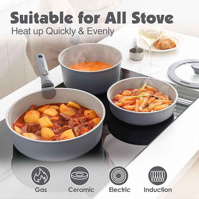SENSARTE 24 Piece Ceramic Pots and Pans Set, Nonstick Detachable Handle Cookware, Induction Kitchen Cookware Set with Removable Handle, Healthy Non Stick for RV, Dishwasher&Oven Safe, PFOA Free (Gray)
