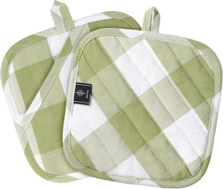 Cotton Pot Holders for Kitchen Heat Resistant Potholder Hot Pads Trivet Coaster Non-Slip Potholders Set for Cooking and Baking (2, Green Plaid, Square,8.27 in²)