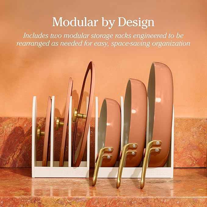 Our Place 8-Piece Essentials Complete Cookware Set - Ceramic Fry Pan Trio & Modular Rack Storage | Nontoxic Thermakind™ Nonstick, Oven Safe up to 450°F & Compatible with All Cooktops | Terracotta