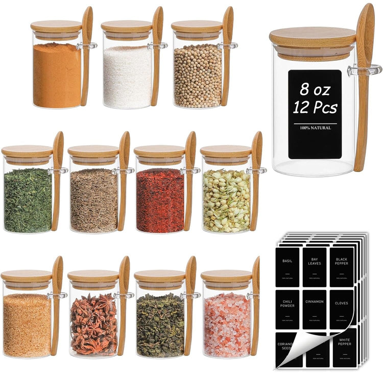 Glass Spice Jars with Spoons 8 oz 12 Pack Round with Labels (12 Count)