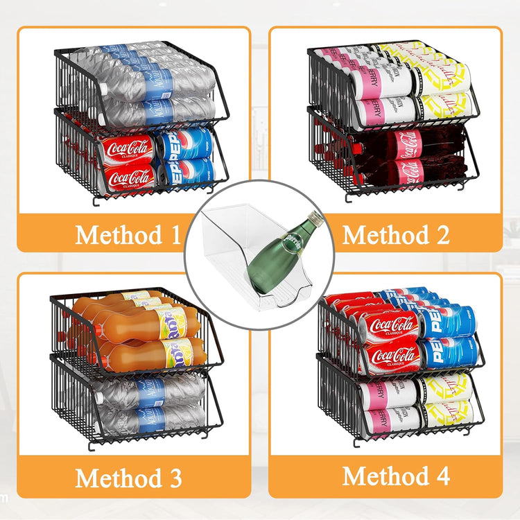 GILLAS 2 Pack Stackable Soda Can Organizer with Dividers for Refrigerator, Can Holder Dispenser Canned Food Organizer, Beverage Storage Basket Rack Drink Organizer for Fridge, Kitchen, Pantry, Black