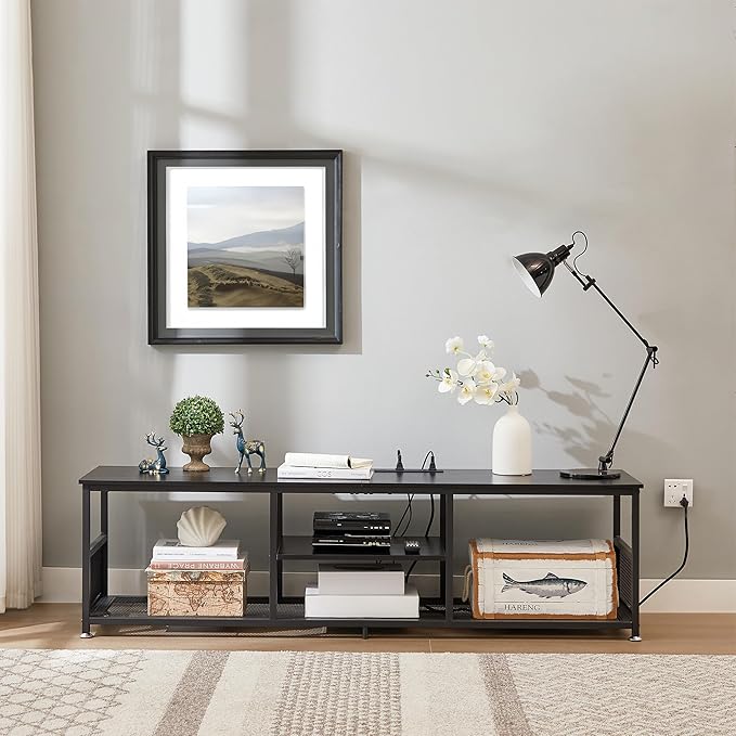 VECELO TV Stand with Power Outlets for Televisions up to 75Inch, 62" Media Entertainment Center with Charging Station 3-Tier Open Storage Shelves with Metal Frame for Living Room/Bedroom,Black