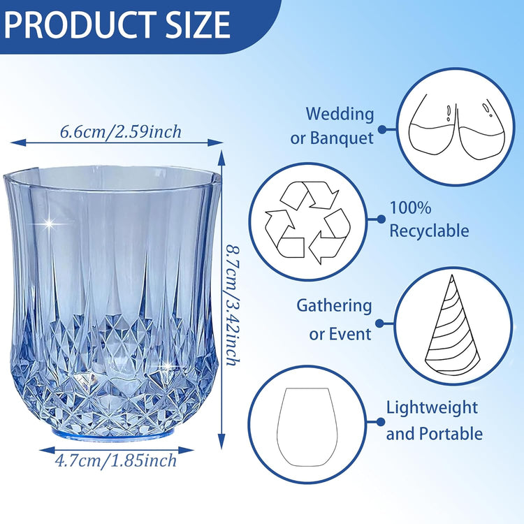 12 PCS Blue Stemless Wine Glasses,Plastic Reusable Cups 9OZ Vintage Drinking Glasses Tumblers for Whisky, Beer, Juice, Beverages, Cocktai