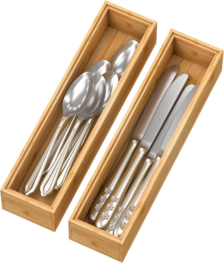 Bamboo Kitchen Drawer Organizer, Stackable Silverware Tray Utensil Organizer Cutlery Holder for Kitchen,Wooden Storage Box for Bathroom, Multi-Use Storage Bins Dividers for Office(12x3x2.5 inch)