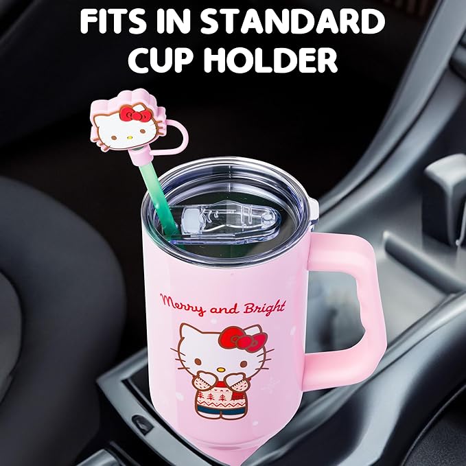 Silver Buffalo Sanrio Hello Kitty Christmas Holiday Sweater Merry and Bright Double Walled Stainless Steel Tumbler with Handle, Straw, and Straw Cap, Fits in Standard Cup Holder, 40 Ounces