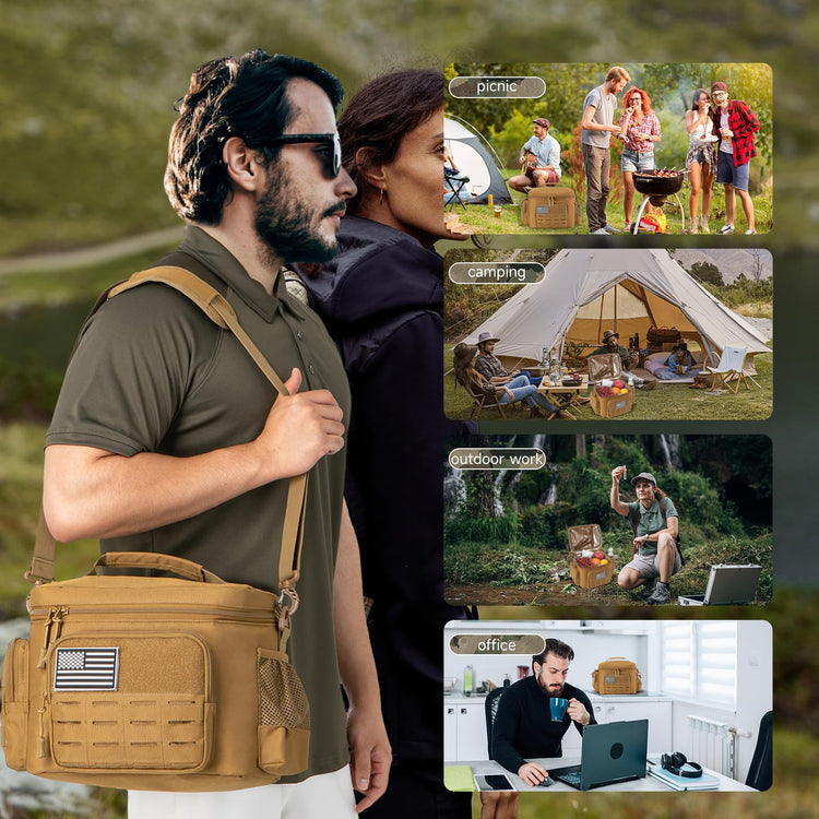 Tactical Lunch Bag for mens Military heavy duty lunch box work Leakproof insulated Durable Thermal Cooler Bag for Adult Meal for Office Camping Picnic Pail MOLLE Webbing Khaki