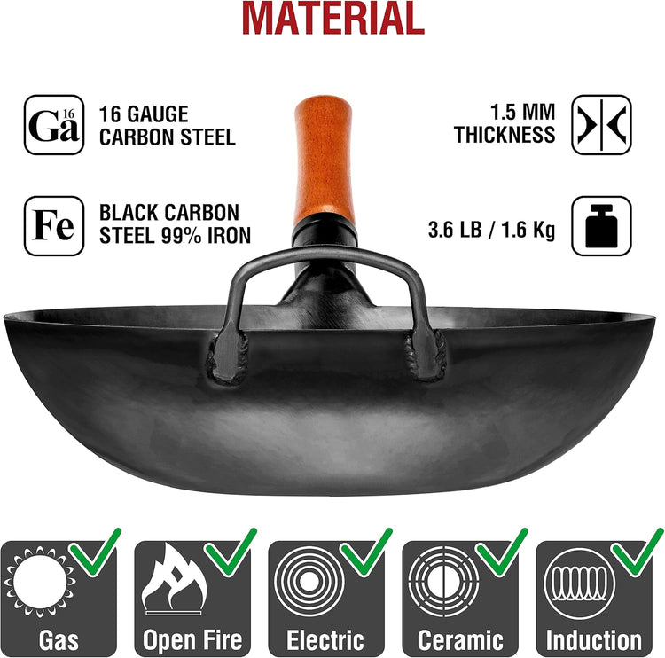 YOSUKATA 13.5" Carbon Steel Wok Pan – Pre-Seasoned Flat Bottom Pow Wok for Stir Fry, BBQ, Grill & Camping – Traditional Japanese Chinese Cookware – Compatible with Induction, Electric, Gas, Open Fire