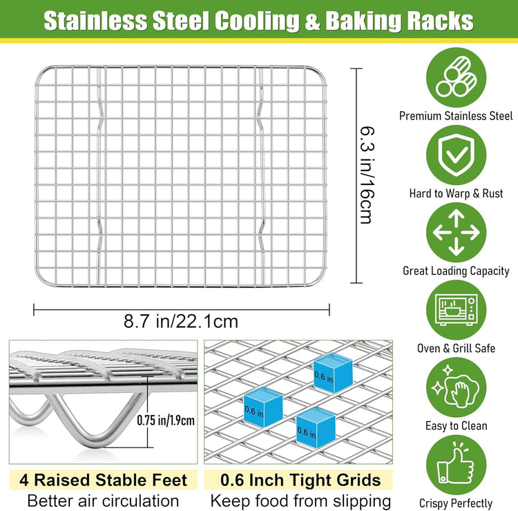 Homikit 2 Pack Cooling Rack Set, 8.7" x 6.3" Stainless Steel Baking Rack for Bacon Bread Pizza, Mini Metal Wire Oven Racks for Cooking Fit Small Toaster Oven Pan, Rust Free & Dishwasher Safe