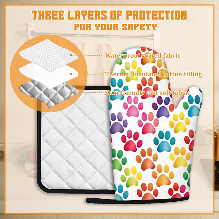 Cat Dog Paw Oven Mitts and Pot Holders Set,Rainbow Kitchen Decor Heat Resistant Non Slip Hot Pads and Oven Mitt for Chef Cooking Baking BBQ Mom Girl Gifts(4 Piece Set)