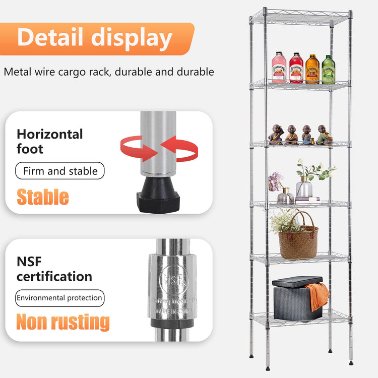6 Tier Wire Shelving 17L x 12W x 64H Pantry Shelves Storage Rack Shelving Units Adjustable Metal Shelves for Kitchen Commercial Garage Small Places