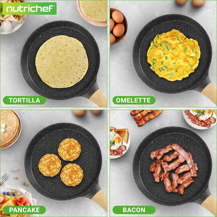 NutriChef 11” Non-Stick Crepe Pan with Wooden Spreader, Durable Marble Coated Dosa Pan, Bakelite And Wood Handle With Induction Bottom, Easy-to-Clean, Stain-Resistant (Black Marble)