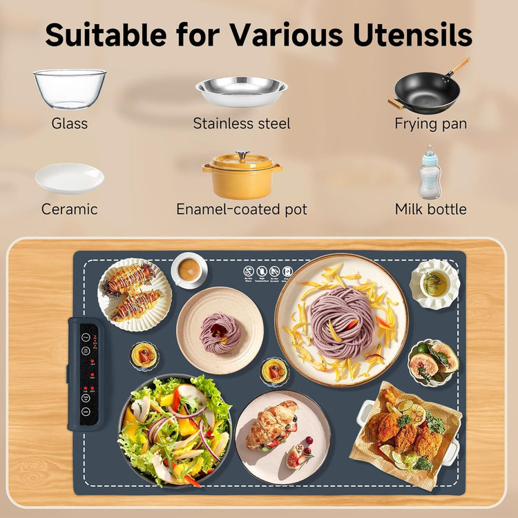 Food Warming Mat- Foldable Warming Mat for Food with Adjustable Temperature Control Time Moders Locking Function Electric Warming Tray for Parties,Home,Travel,Buffet Dark Blue
