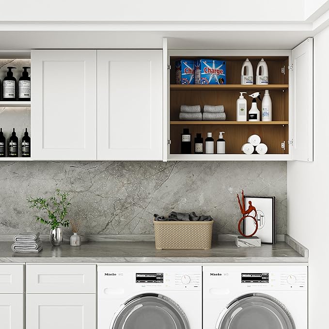 36 Inch Laundry Room Cabinets Wall Mounted, Solid Wood Over The Toilet Storage Cabinet, Bathroom Organizer Cabinets with 2 Shaker Door & Shelves, Easy to Assemble for Kitchen, Garage - White