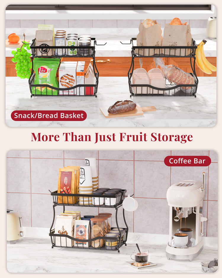 Large 2 Tier Fruit Basket for Kitchen Counter with 2 Banana Hangers