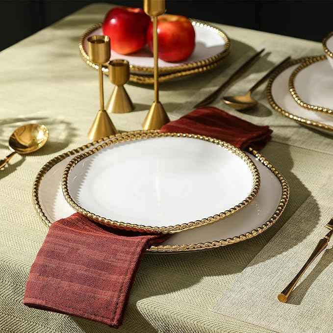 Christian Siriano Akoya Porcelain Dinnerware Set, 24-Piece - Dish Set for 8, Plates and Bowls Set, White and Gold