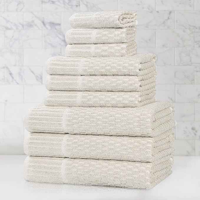 Superior Juno Viscose Cotton Blend Medium Weight Towels, for Bathroom, Shower, Spa, Plush, Quick Dry, Ultra-Soft Towels, Bath Essentials, Border Detail, 9 Piece Assorted Towel Set, Beige