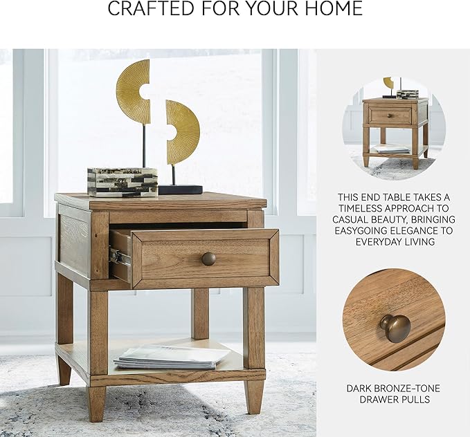 Signature Design by Ashley Sharlance Transitional 1-Drawer End Table with Lower Shelf, Power Supply and USB Ports, UL Listed, Dark Brown Drawer Pulls, Light Brown