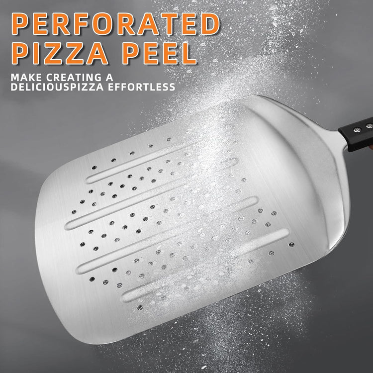 MANJIA Perforated Pizza Peel – 12 inch Aluminum Pizza Paddle with Rocker Cutter Storage Bag – Lightweight Nonstick Metal Pizza Paddle Set for Homemade Baking Pizza Oven & Stone (silver)