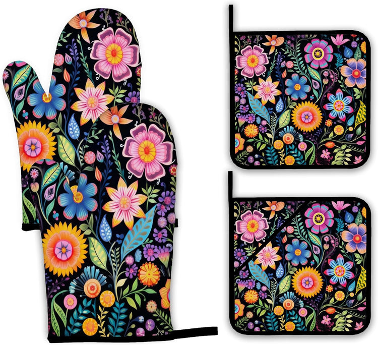 Vintage Hippie Flower Oven Mitts and Pot Holders,Heat Resistant Oven Mitts Gloves and Pot Holder for Home Kitchen Decorations Cooking Baking BBQ Gifts,Set of 4