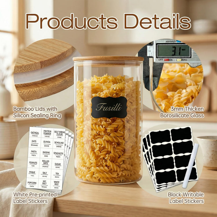 32 oz Round Glass Food Storage Containers with Airtight Bamboo Lids (4 Count)