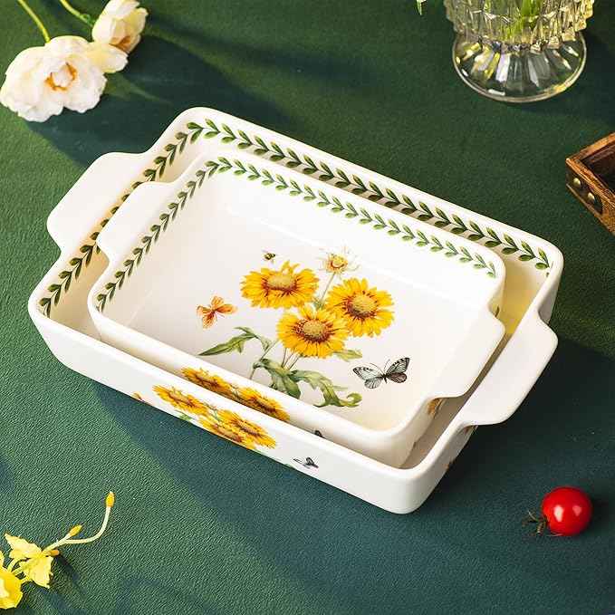 ONCCI In-Glaze Ceramic Baking Dish Set of 2 - Rectangular with Handles,Single Serving Size Casserole dishes 10.8*7.99in & 8.58*6.54inch Sizes - Oven Safe for Cooking, Baking, Casseroles - Dishwasher Safe(Sunflower)