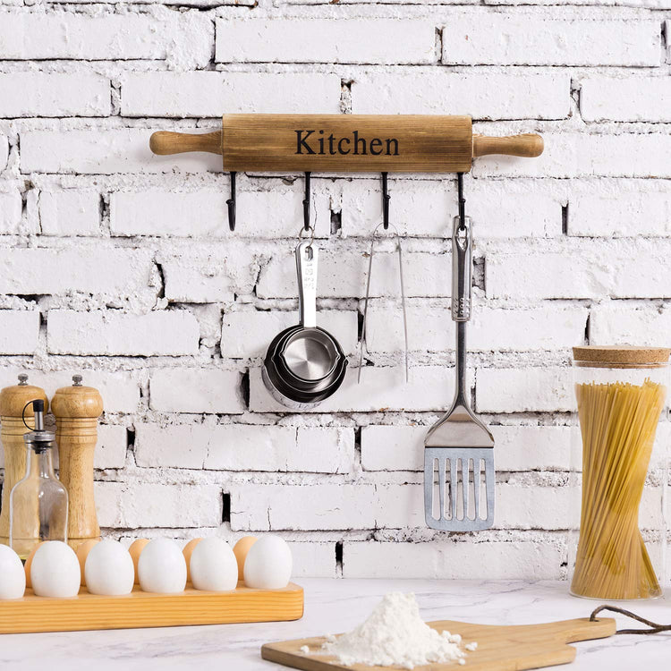 Rustic Burnt Brown Wood Kitchen Hooks for Hanging Cooking Utensils