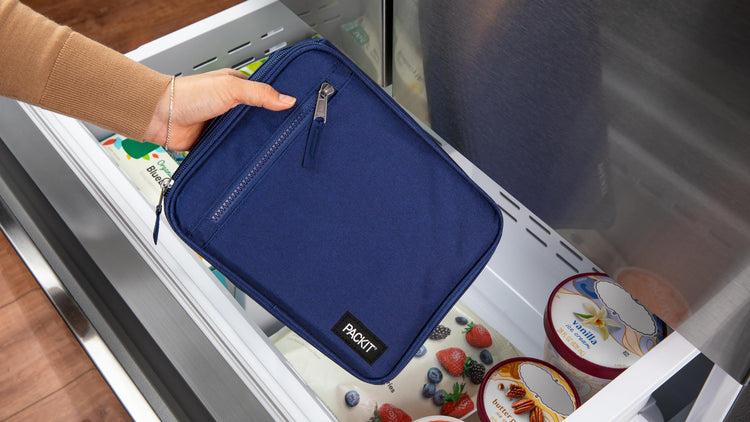 R) Freezable Classic Lunch Box, True Blue, Built with EcoFreeze(R) Technology, Collapsible, Reusable, Zip Closure With Front Pocket and Buckle Handle, For Work Lunches and Fresh Lunch On the Go
