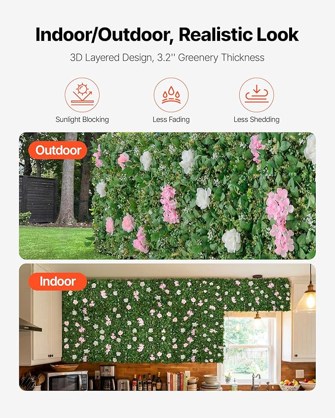 VEVOR Artificial Luxury Flower Wall Backdrop, 2 PCS, Each Panel 2 x 8 ft, Gorgeous 3D Silk Floral Backdrop Pet Friendly, Easy Installation Flower Wall Panel for Wedding, Event, Party,Mixed Leaf