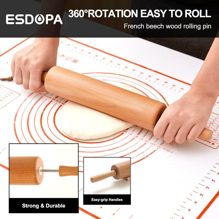 Classic Wood Rolling Pin - Wooden Rolling Pins for Baking Silicone Mat Set, Dough Roller with Wood Base, Fondant Roller for Pie Crust Cookies Pizza Dough and Bread, 17 Inch