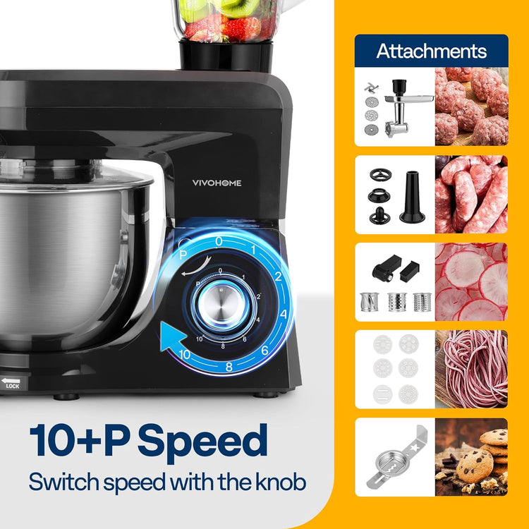 VIVOHOME 6 in 1 Multifunctional Stand Mixer with 8.5 Quart Stainless Steel Bowl, 660W 10 Speed Tilt-Head Meat Grinder, Juice Blender, Vegetable Slicer, Pasta and Cookie Maker, Black