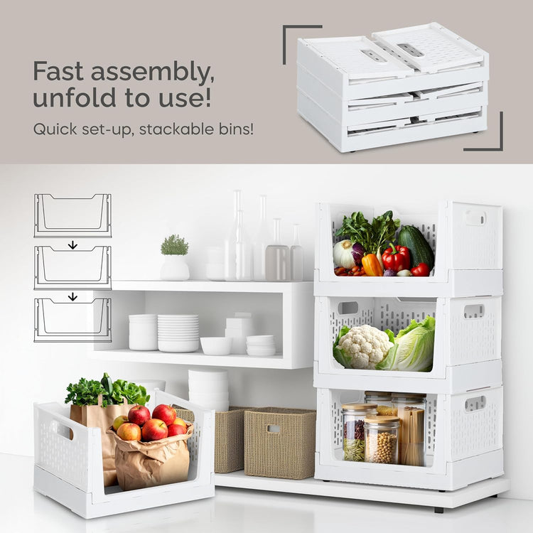 Skywin TidyFriend Stackable Storage Bins with Wheels, 3 Pack Foldable Storage Bins Box, Plastic Shelves Drawer Organizer Container for Closet Office Bedroom Kitchen Bathroom (Ivory)