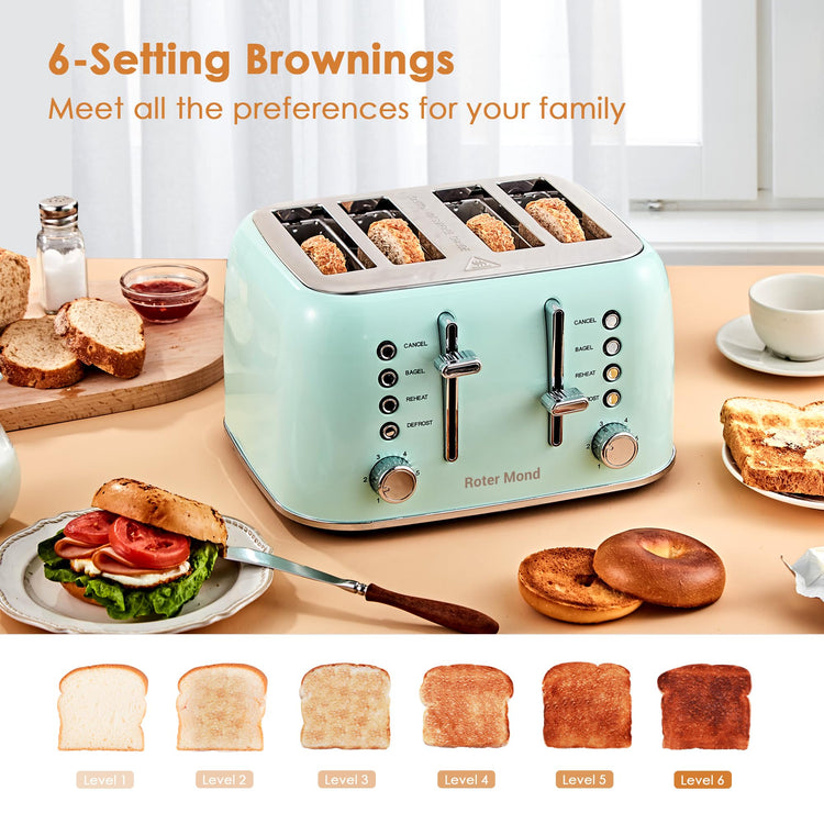 Toaster 4 Slice Retro Stainless Steel with Extra Wide Slots Bagel