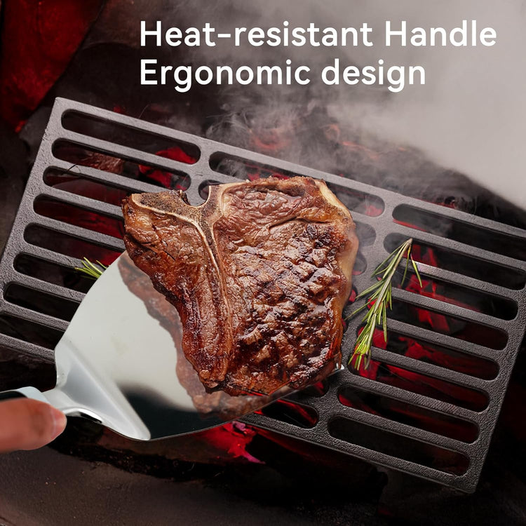 Professional Wide Turner 9.5 Inch Stainless Steel Spatula for Cast Iron, Griddle and Grill Cooking, Barbecue Hamburger Metal Kitchen Utensil, Dishwasher Safe