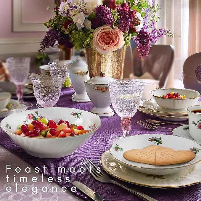 Lynns Paradise 45-Piece Vintage Rose Dinnerware Set, 24K Gold Trim | Embossed Swirl Floral Plates & Bowls | Apartment Essentials | Home Kitchen Dinner Accessories