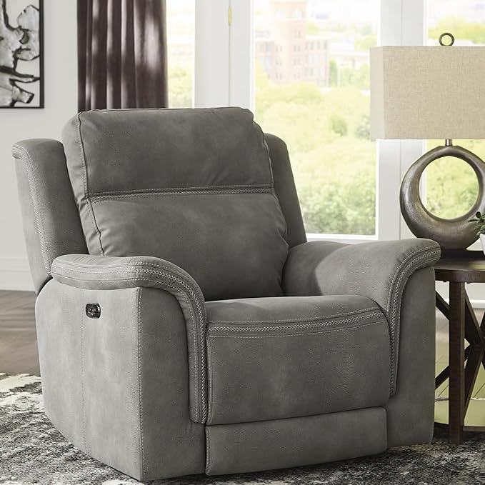 Signature Design by Ashley Contemporary Next-Gen DuraPella Power Recliner with Adjustable Headrest, One-Touch Control, Water Repellent Faux Leather, Gray