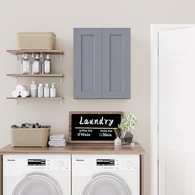 Solid Wood Kitchen Wall Cabinets, 24 Inch Wide 12 Deep Over The Toilet Storage Cabinet, Bathroom Organizer Cabinets with 2 Shaker Door & 3 Shelves, Easy Assembly for Laundry Room - Grey