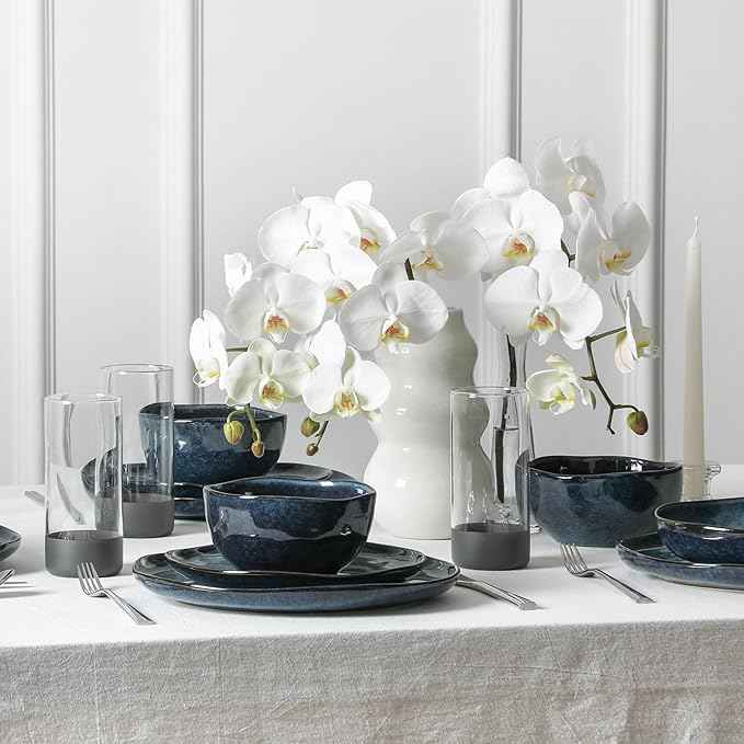 Stone + Lain Mirella 32-Piece Dinnerware and Glassware Set – Service for 8 – Includes Stoneware Plates, Bowls & 8 Tall Borosilicate Glasses – Deep Blue Reactive Glaze Finish