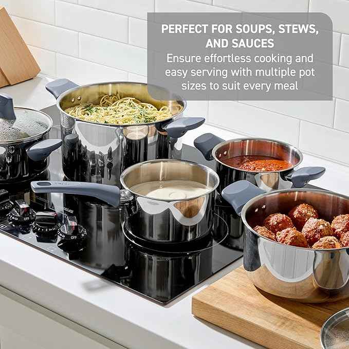 T-fal Essentials Stainless Steel Cookware Set 12 Piece, Induction Compatible, Oven Safe 350F, Cooking Set w/Stewpots, Stockpot, Saucepan, Lids & Tools, Measuring Marks, Dishwasher Safe, Silver/Blue