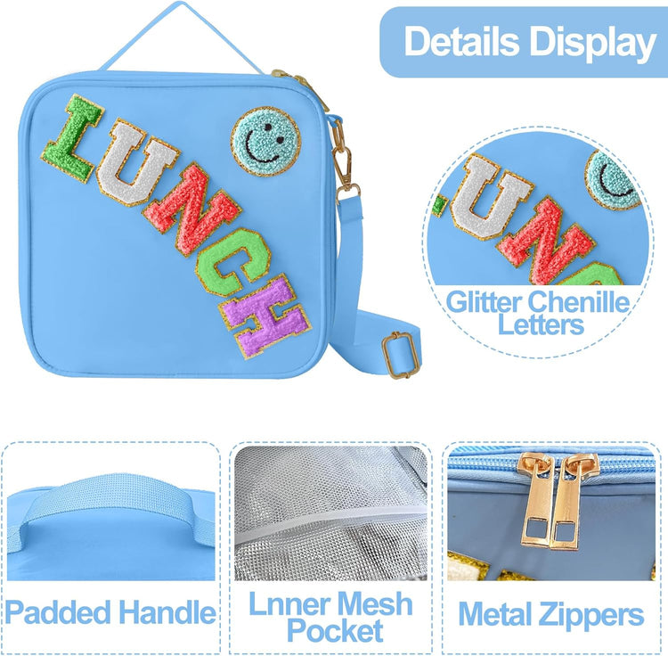 Insulated Lunch Bag With Adjustable Shoulder Strap, Nylon Preppy Lunch Box Large Insulated Lunch Bag Reusable Lunch Tote Bag with Smiley Preppy LunchBag for Girls School Travel Picnic (Dark blue)